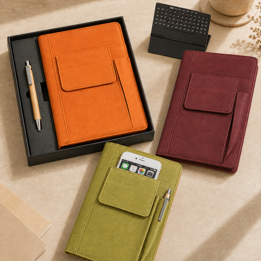 Bloc-notes organiseur personnalisable en cuir PU avec stylo bambou